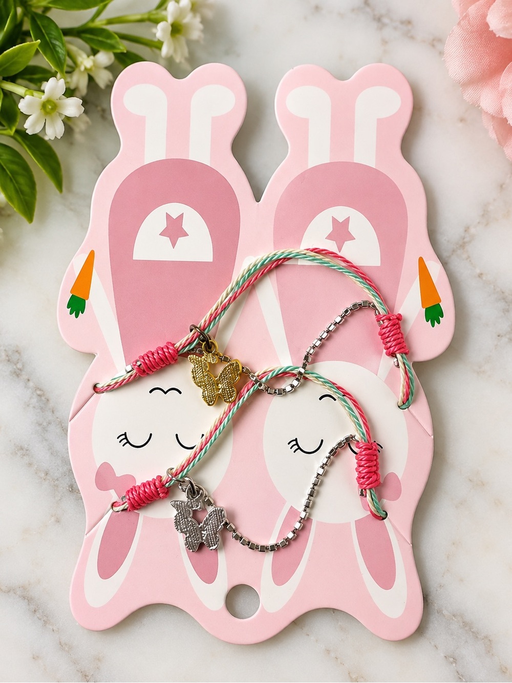 Kids Bunny Charm Friendship Bracelets - Pink, Mint & Silver
